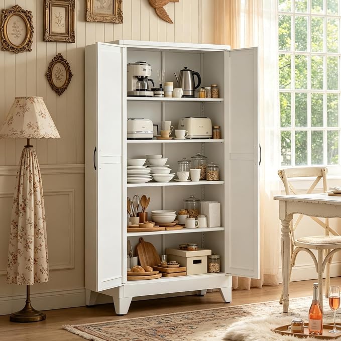 71"H White Pantry Kitchen Cabinet with Doors,Black Storage Cabinets,Freestanding Pantry Cabinet,Farmhouse Food Storage Cabinets,Tall and Large Pantry Cabinets for Kitchen, Dining Room, Living Room