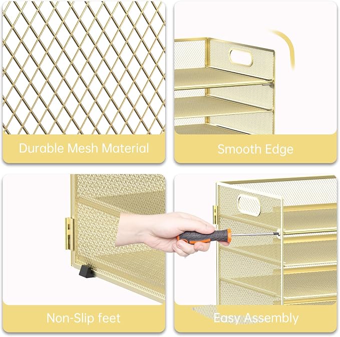 7 Tier Paper Organizer for Desk with Mesh Letter Trays and Handle Gold | Desk File Organizer with Handle for Sorting Papers, Files, Folders, Mail, Bills and Office Supplies