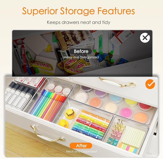 Criusia Drawer Organizer, 18 Pack Large Clear Plastic Kitchen Drawer Organizers Set, 6 Size Versatile Bathroom and Vanity Drawer Organizer Trays, Storage Bins for Makeup, Bedroom, Kitchen Utensils
