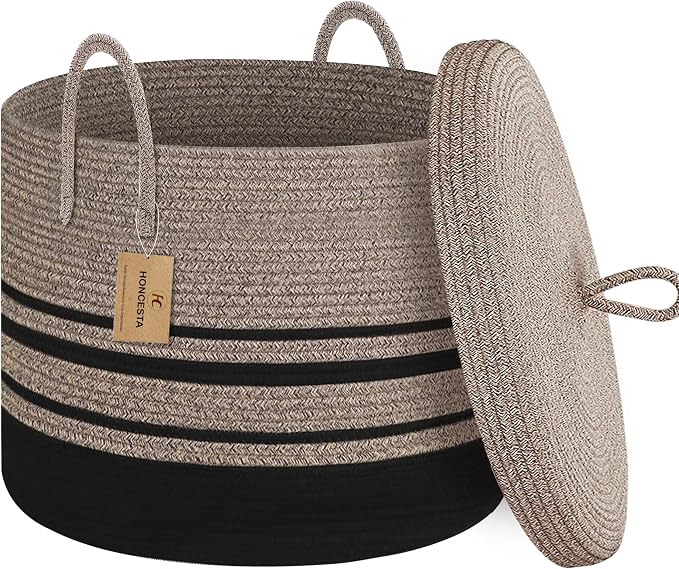 Extra Large Woven Basket with Lid, 18" X 14" Wicker Blanket Storage Basket Living Room, Tall Rope Storage Baskets for Toys, Decorative Kids Toy Bin Box with Cover, Baby Laundry Basket Hamper