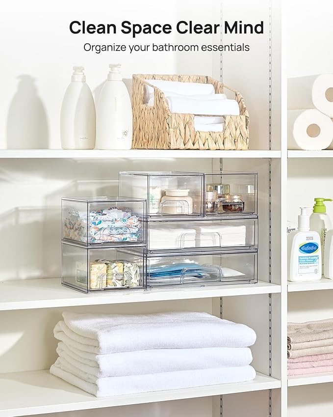 Vtopmart Clear Stackable Storage Drawers Set of 5, Plastic Organizer Bins for Makeup, Cosmetics, Beauty Supplies,Ideal for Vanity, Bathroom,Cabinet,Pantry Organization