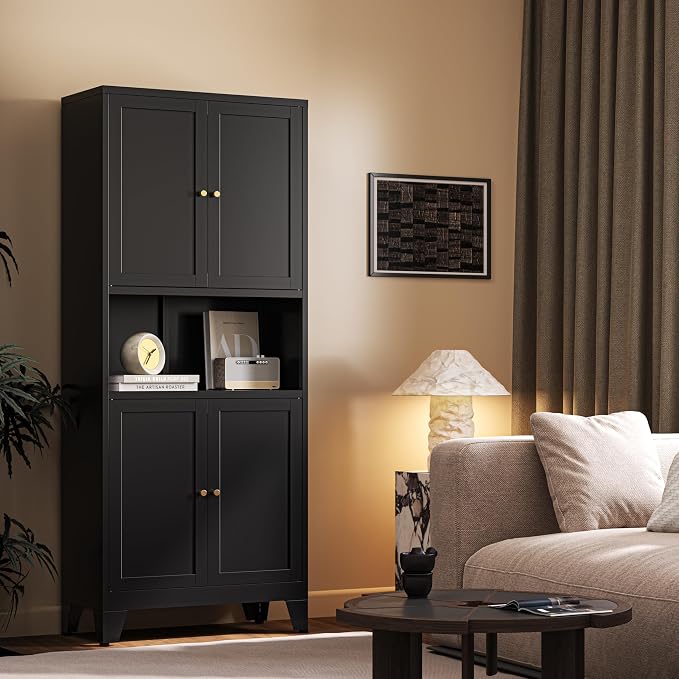 69" H Kitchen Pantry Cabinet with Countertop,Kitchen Hutch Cabinet with Storage,Black Metal Storage Cabinet,Microwave Cabinet,