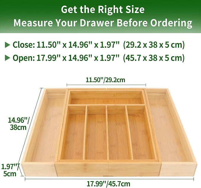 VaeFae Bamboo Drawer Organizer, Medium, Natural | Kitchen Utensil Holder, Multi-Function Drawer Storage，38 cm D x 29.2-45.7 cm W, 5-7 Slots, Natural
