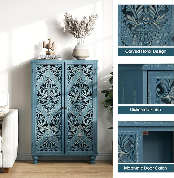 JOINICE 47" Tall Accent Cabinet with Carved Doors & Storage for Living Room | Vertical Storage for Dining Room,Bedroom, Carved Floral Design, Farmhouse & Rustic Style, Adjustable Shelves, Easy Assembly