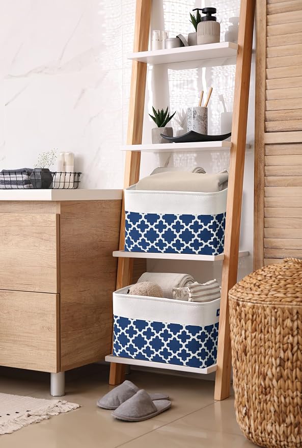 DECOMOMO Storage Bins, Fabric Storage Baskets for Shelves | 3 Pack Linen Closet Organizers for Toys and Nursery (Large, Blue Patterns)