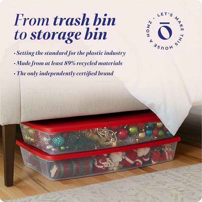 HOMZ Holiday Plastic Storage Container, 41 Quart, Red, 2 Count