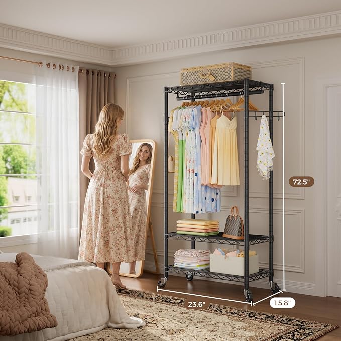 Golpart Heavy Duty Rolling Clothes Rack Wheels Portable Metal Garment Rack | Wardrobe Adjustable Wire Shelving Metal Double Clothing Racks for Hanging Clothes Organizer Closet Laundry Room Organization