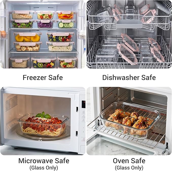 Dealusy 10 Sets (20-Piece) 36 oz & 12 oz Glass Food Storage Containers with lids, Airtight Leak-proof Glass Meal Prep Containers with Lids, Microwave Oven Freezer Dishwasher Safe, Pink