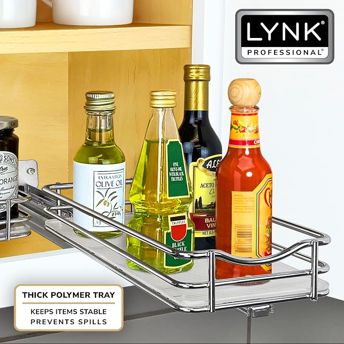 LYNK PROFESSIONAL® Pull Out Spice Organization for Cabinets - 4-3/8 inch Wide – Spice Rack for Inside Cabinets, Slide Out Spice Rack Organizer for cabinet – Pull Out Spice Rack, Sliding 1 Tier Chrome