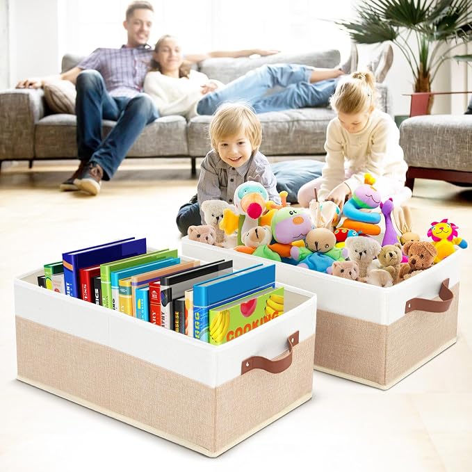 6 Pack Fabric Storage Bins, Large Storage Baskets for Shelves | Foldable Closet Organizer Storage Boxes with Leather Handles for Clothes, Sheets, Jeans, Toys, Books (Beige and White)