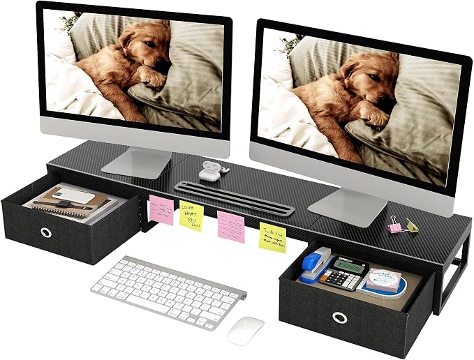 Mexin 39" Dual Monitor Stand Riser with 2 Storage Drawers, Carbon Fiber Computer Desk Organizer for 2 Monitors, Heavy Duty 100 Lbs Desktop Stand with Phone Tablet Holder for Home Office, Black