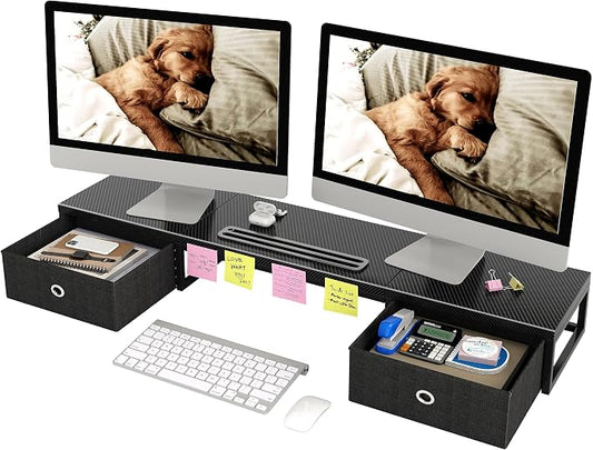 Mexin 39" Dual Monitor Stand Riser with 2 Storage Drawers, Carbon Fiber Computer Desk Organizer for 2 Monitors, Heavy Duty 100 Lbs Desktop Stand with Phone Tablet Holder for Home Office, Black