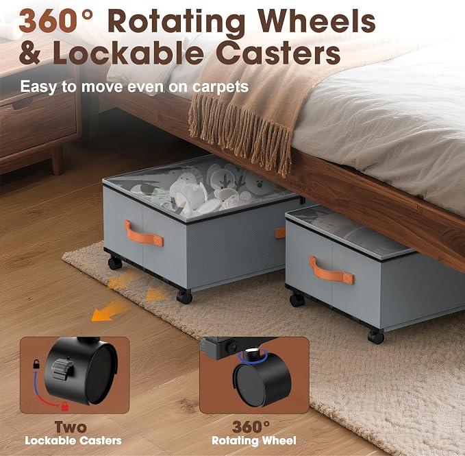 Eastherry Under Bed Storage Containers with Wheels, 9.5 inches Higher Underbed Shoes Blankets Clothes Toy Storage Drawers for College Dorms Bedrooms Nursery Rooms Organization, 2 Pack to be Assembled