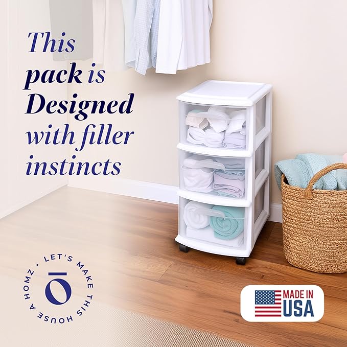 HOMZ 3-Drawer Storage Cart, Plastic Home, Dorm, & Office Organizer, White Frame | Plastic Organizer with Clear Bin Drawers for Bedroom, Bathroom, Home Office, and Dorm Rooms