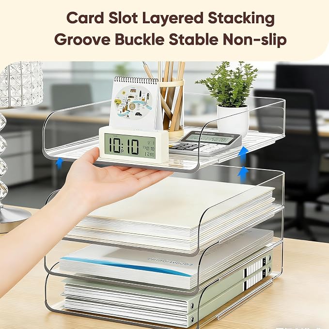 HIYOHIYO Clear Office Desk Organizer for A4 Letter Paper, 4-Tier Vertical | Stackable | Large Capacity | Sturdy Office DeskTtop Organizer for File Folder, Stable Home Desk Paper Holder and Storage