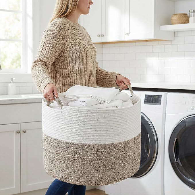 XXXL Large Blanket Basket for Living Room, 21.7" x 13.8" Woven Cotton Rope Laundry Hamper for Pillows, Towels & Toy Storage - Decorative Round Storage Basket with Handles for Nursery, Baby & Dog Toys