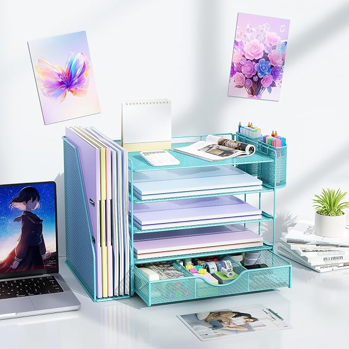 gianotter 5-Tier Desk Organizer with Drawers and File Holders | Letter Trays and Pen Holders - Workspace Accessories for Office Supplies (Blue)