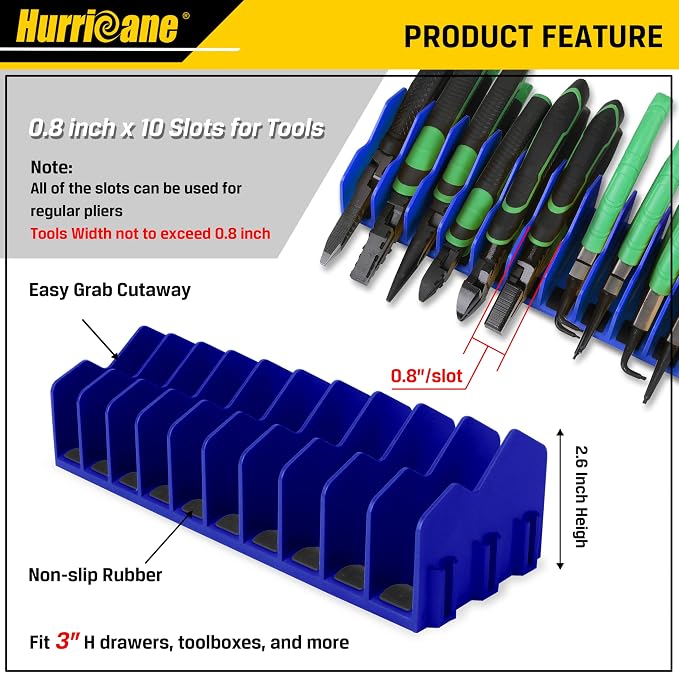 HURRICANE Plier Organizer Rack, 10-Slot Pliers Cutters Rack with Non-Slip Rubber Base, Tool Organizer, Tool Drawer Toolbox torage, Blue, Extendable Design, Fit 3” H, 1 Pack