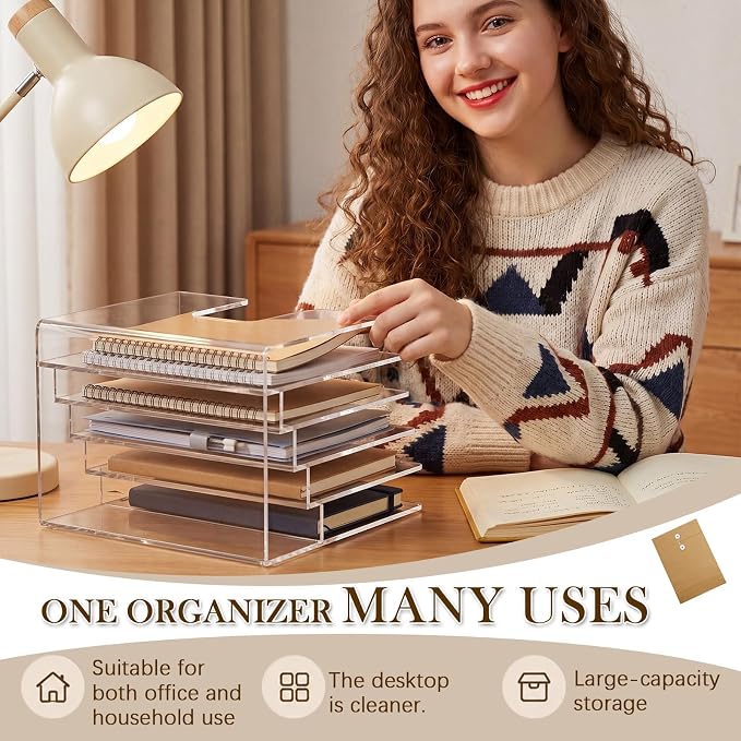 5 Section Clear Acrylic File Organizer, Inclined Desktop File Sorter with 4mm Thick Panels, Vertical Document Holder for Letter Size Papers, Mail, Magazine, Home Office School