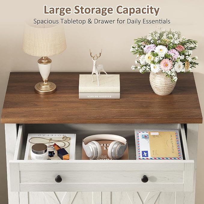 Farmhouse Shoe Storage Cabinet, 5-Tier High Boots Organizer with Adjustable Shelves, Large Drawer & Barn Doors, Entryway Shoe Rack for Hallway Living Room, White