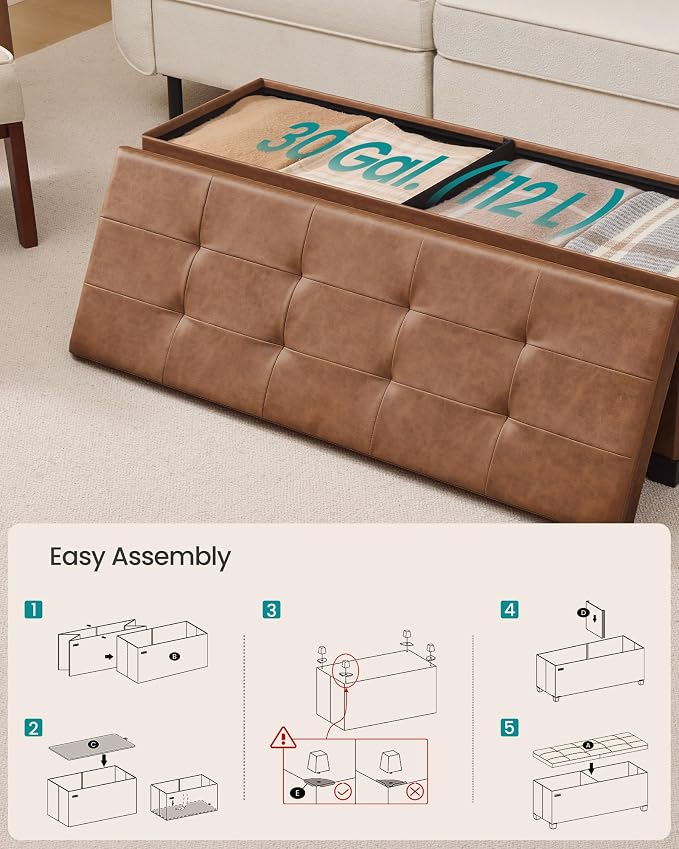 SONGMICS Storage Ottoman Bench with Legs, Folding Ottoman Foot Rest with Flipping Lid, Bench with Storage, for Living Room, Bedroom, Entryway, Synthetic Leather, 43.3 Inches, Coffee Brown ULSF085KQ01