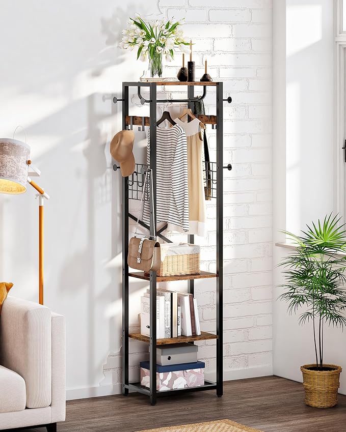 CHOEZON Coat Rack with Shelves, Freestanding Hall Tree, Coat Tree with 16 Hooks and Hanging Rail, Industrial Clothes Stand for Entryway, Hallway, Bedroom, Rustic Brown and Black TYM18BF