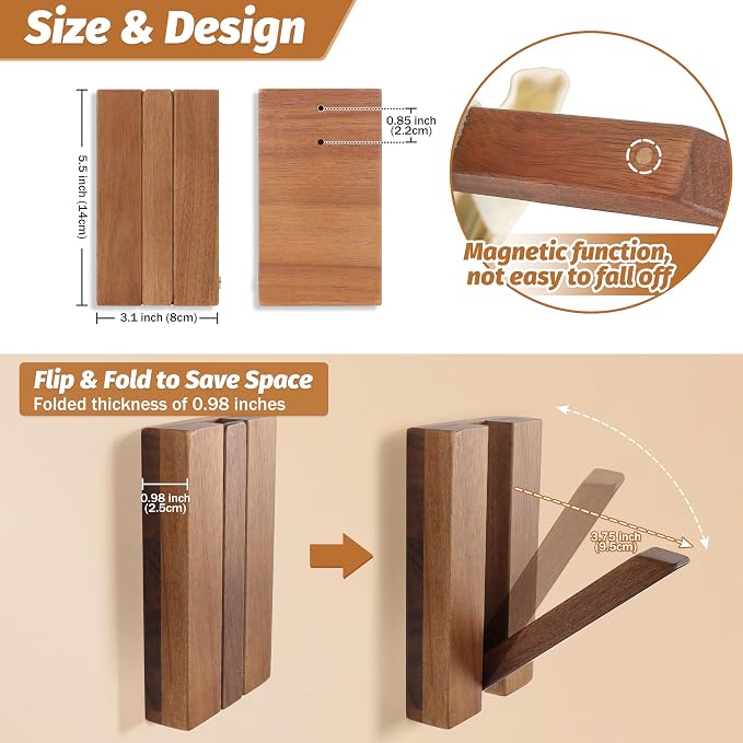 Wood Wall Hooks for Bathroom: 4Pack Foldable Rustic Decor Hangers | Heavy Duty Coat Hooks for Hanging Towels Backpack Jacket - Space Saving Minimalist Design for Aesthetic Homeowners