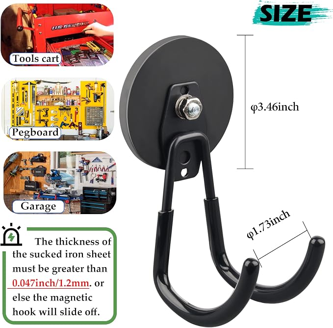 ULIBERMAGNET Strong Magnetic Hooks,2 Pack Heavy Duty Large Magnetic Hooks for Extension Cord, Cable, Hose, Power Cord,Rope,Drill,Jig Saw,Circular Saw,Garden Lawn Tools (Black/3.46inch)