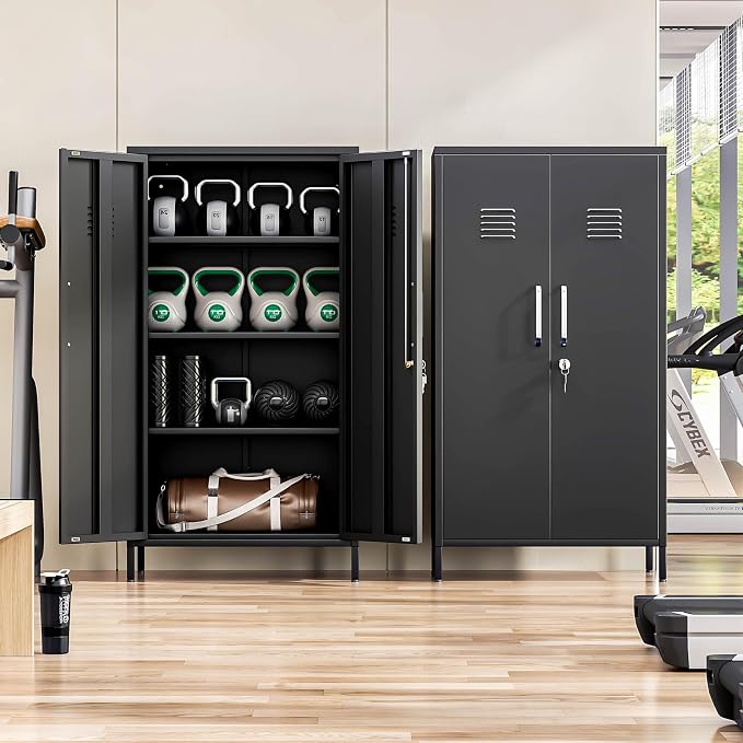 PAOFIN 47" Metal Storage Locker, Lockable Employees Metal Locker with 2 Door and Adjustable Shelves, Steel Locker for Home, School, Office, Gym (Black)