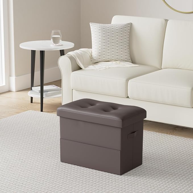 BelugaHelper Storage Ottoman Foot Rest Stool, Foldable Leather Footstool Storage Bench with Thicker Foam Padded Seat. Foot Rest Under Desk for Living Room Bedroom 350 lbs, 17x13x13 in, Brown | Small Ottoman with Storage with Thicker Foam Padded Seat, F...