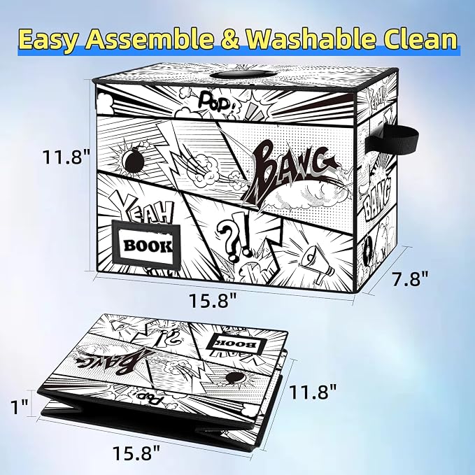 Comic Book Storage Box, 15.8" X 7.8" X 11.8", Heavy Duty Collapsible Holds 160-180 Comic Book Bin Container Holder Shelf (Cartoon Bombs)