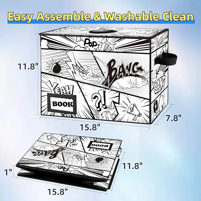 2 Pack Comic Book Storage box, Collection 15.8" X 7.8" X 11.8", Collapsible Holds 160-180 Comic Book Short Box Organizer Container Holder Shelf(Cartoon Bombs)