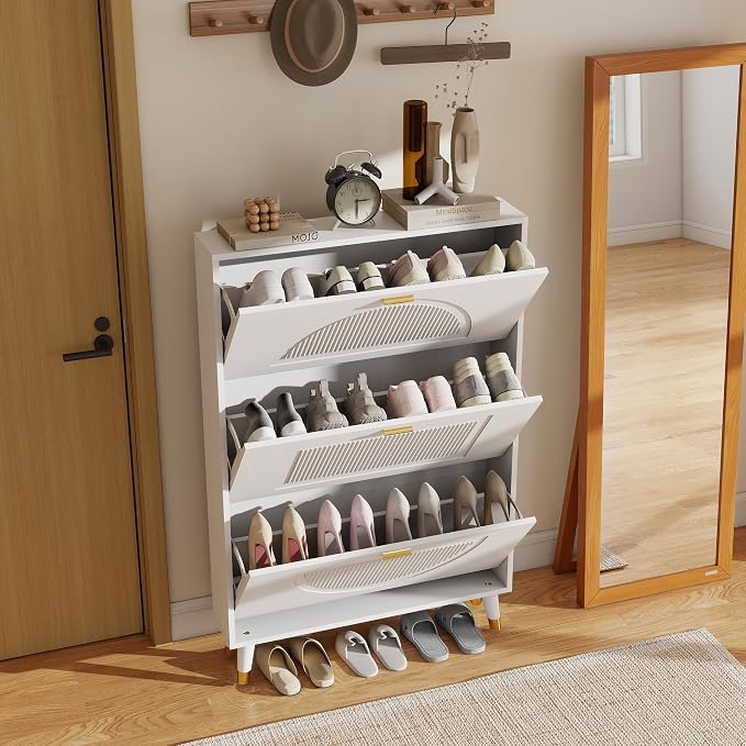 Narrow Shoe Cabinet Storage for Entryway: Cabinet Shoe Rack Organizer, White Shoes Cabinets with 3 Flip Drawers, Modern Shoes Storage Entryway for Front Door Entrance (1 Piece, 32")