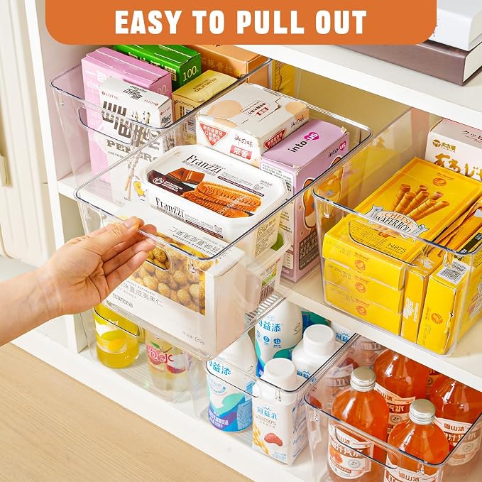 Freebat 6 Pack Pantry Organization and Storage,Clear Plastic Storage Bins | Large, Cabinet Organizer, Clear Plastic Storage Containers with Handle,Acrylic Storage Bins for Cabinet, Fridge