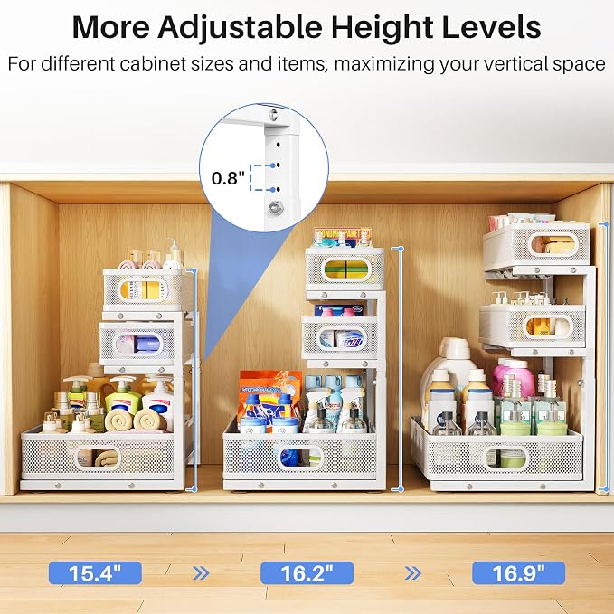 Under Sink Organizer, 3-Tier Thickened Metal Pull out Cabinet Organizer Shelf, Height Adjustable Slide out Storage Drawer Rack for Kitchen Bathroom Pantry Laundry Home Organization, 2-Pack, White | 35% Extra Storage Capacity, Carbon Steel, Hold Up 55lb...