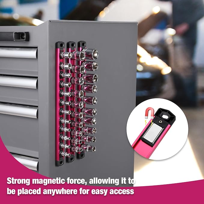 WORKPRO Magnetic Socket Organizer, Heavy Duty 3/8-Inch Drive Socket Rail | 1 Piece Socket Holder with 10 Spots, Aluminum Alloy, Rotatable & Movable Clips, Efficient Organization