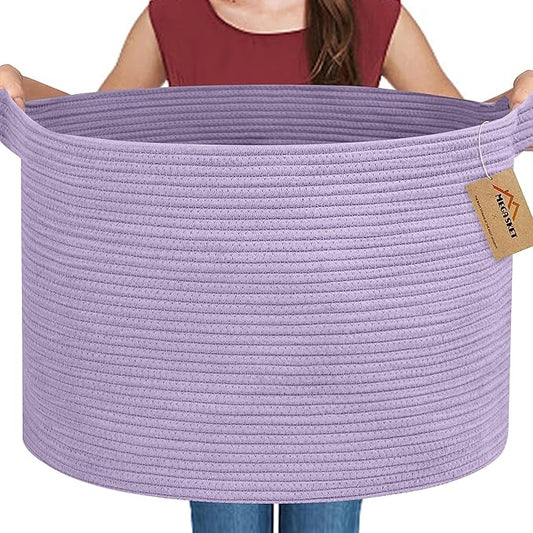 Purple Rope Storage Basket, 22" X 14" Large Woven Baskets, Jumbo Floor Bin for Throw Blankets Pillows, Baby Laundry Basket, Dirty Clothes Organizer, Big Storage Bin for Toys, Towels