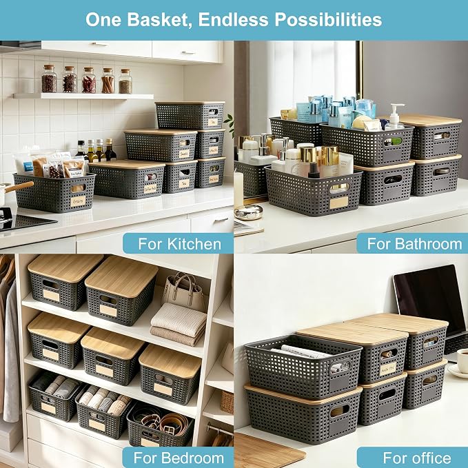 Bagnizer Small Plastic Storage Bins with Bamboo Lids 5.2qt Stackable Box Basket Pantry Decorative Containers Cute with Lable for Organizing Desktop Closet Office Gray of 6 packs 10 * 7.2 * 4.1"