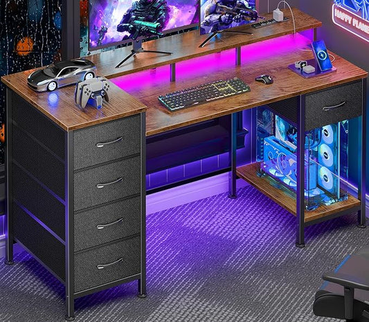 Korfile 47 Inch Computer Desk with Power Outlets,LED,5 Drawers,Rustic Brown | For gaming and working,built-in power outlets and LED lights, 5 fabric storage drawers, 47-inch, monitor stand,, rustic brown