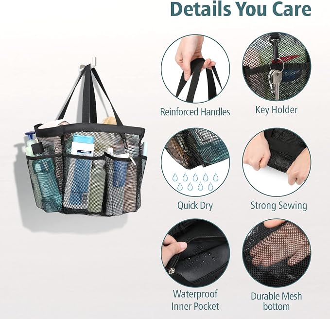 Mesh Shower Caddy Portable - 8 Pockets Extra Large Shower Bag for Dorm | S-Hook, Quick-Dry, Hanging Toiletry Organizer, College Dorm Room Essentials for Girls, Gym, Travel & Bathroom, Black