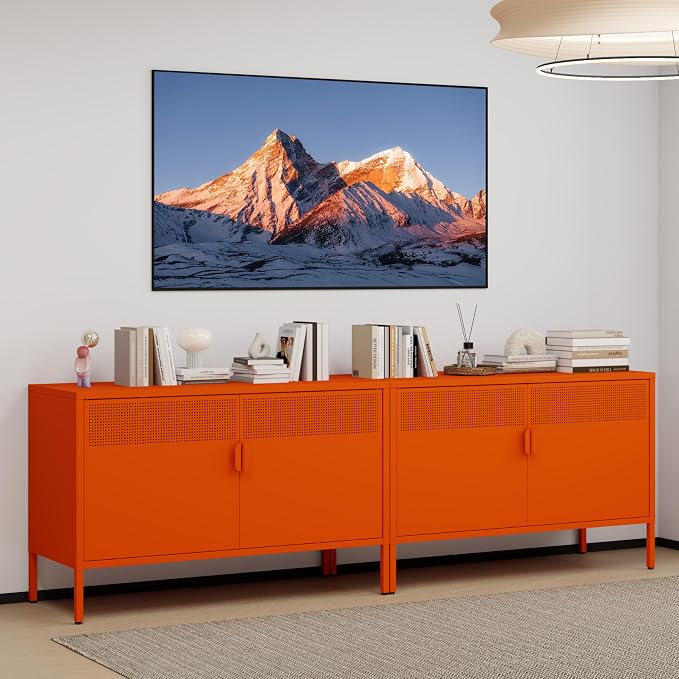 Metal Storage Cabinet with 2 Doors & Adjustable Shelves, Orange | 25"H Accent Cabinet, Metal Locker Storage Cabinets, TV Stand Cabinet for Home, Office, Living Room, Entryway
