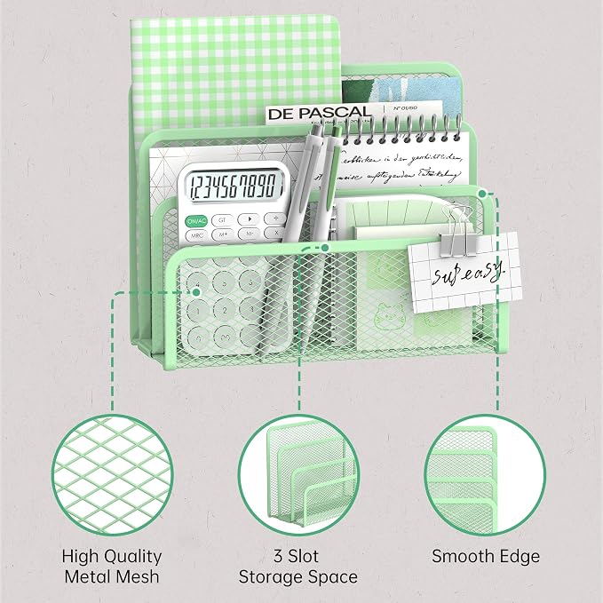 SUPEASY Mail Organizer for Desk, Mesh Metal Mail Holder Countertop with 3-Slot, Letter Sorter File Holder, Office Envelope Organizer for Mails (Mint Green)