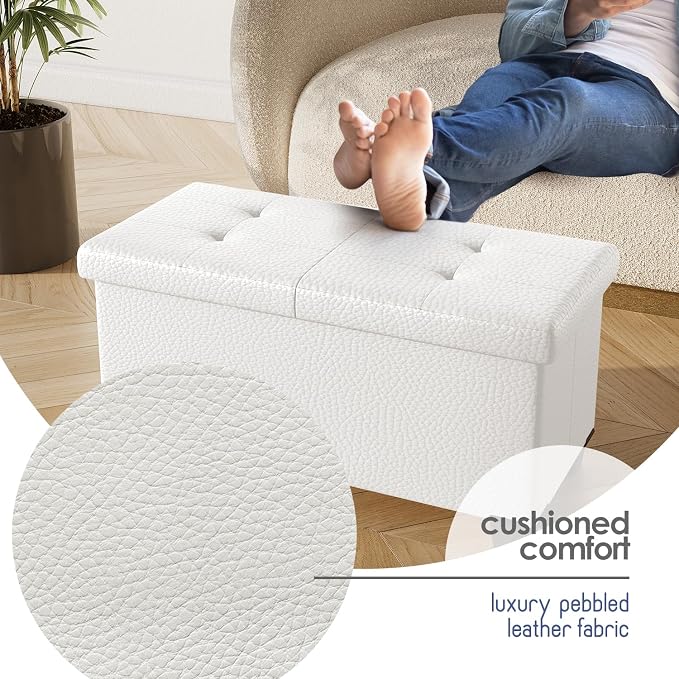 Storage Ottoman Bench with Bins, 30-in Storage Bench for Bedroom End of Bed, Folding Foot Rest Ottoman for Living Room Max 660lbs, Faux Leather Ottomans, Cream