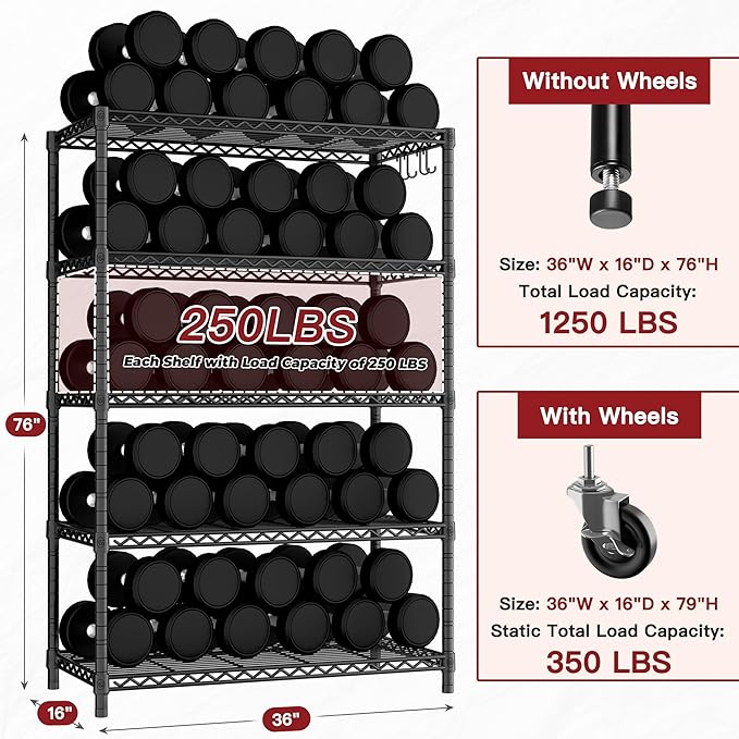 PrimeZone Wire Shelving with Wheels, 5-Tier NSF Adjustable Storage Shelves | 36"W x 16"D x 79"H Metal Shelf, Adjustable Organizer, 4 Hooks, Heavy Duty 1250 LBS Capacity for Kitchen, Pantry, Closet