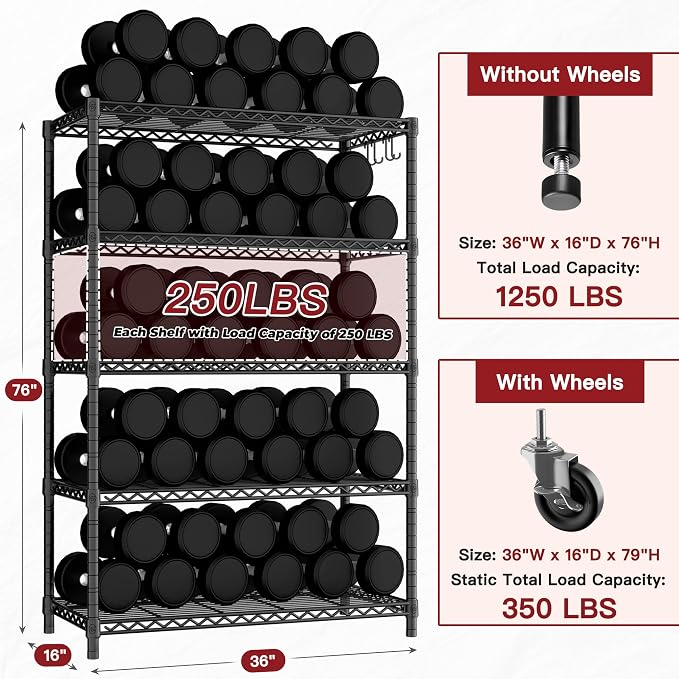 PrimeZone Wire Shelving with Wheels, 5-Tier NSF Adjustable Storage Shelves | 36"W x 16"D x 79"H Metal Shelf, Adjustable Organizer, 4 Hooks, Heavy Duty 1250 LBS Capacity for Kitchen, Pantry, 2 PCS
