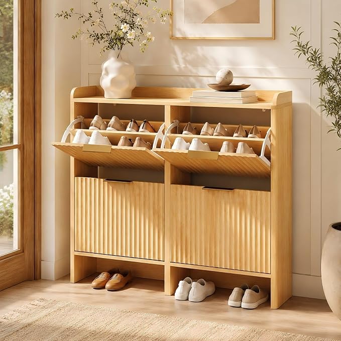 VINGLI 43.5" Large Oak Fluted Shoe Storage Cabinet with 4 Flip Drawers, Slim Entryway Shoe Organizer with Unique Curved Side Panels, Natural Wood Shoe Rack for Hallway, High Capacity Hidden Shoe Shelf