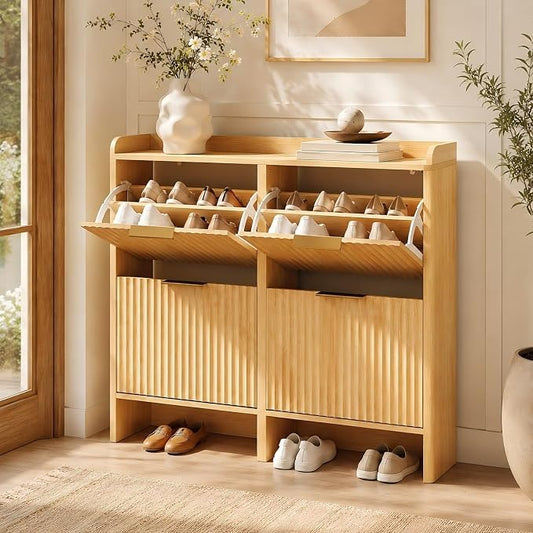 VINGLI 43.5" Large Oak Fluted Shoe Storage Cabinet with 4 Flip Drawers, Slim Entryway Shoe Organizer with Unique Curved Side Panels, Natural Wood Shoe Rack for Hallway, High Capacity Hidden Shoe Shelf