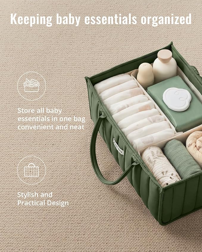 Blissful Diary Baby Diaper Caddy Organizer, Stylish Storage Basket for Newborn Essentials and Diaper Station, Gift for Baby Shower and Registry Must-Have, Deep Green