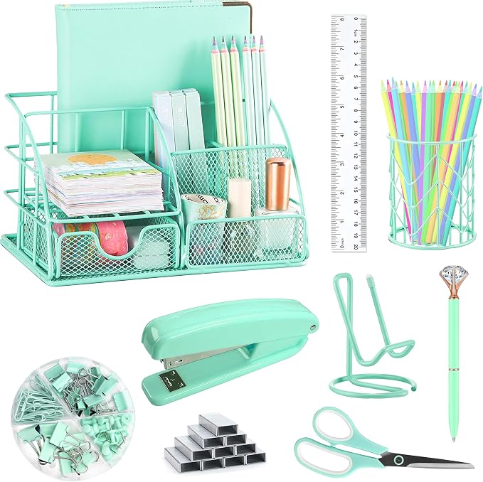 KAAKOW Green Desk Organizers and Accessories Office Supplies Set Stapler, Pen Holder, Phone Holder, Scissors, Pen, Ruler, 30 Paper Clips, 22 Binder Clip, 20 Tacks and 1000pcs Staples