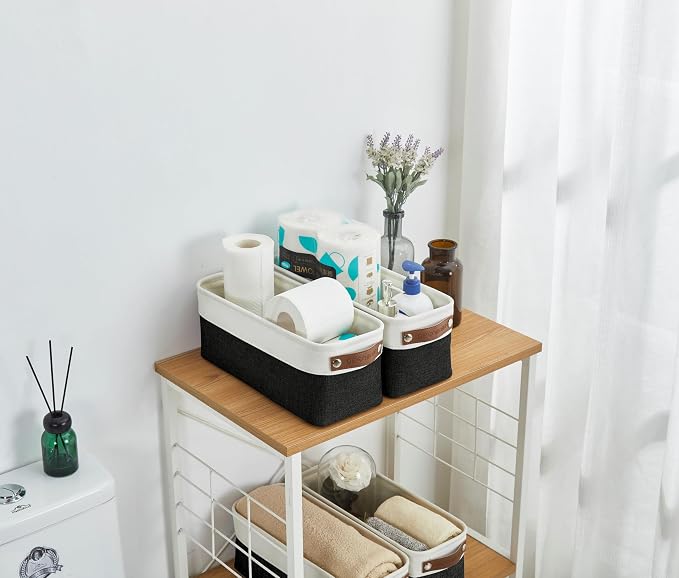 DECOMOMO Narrow Storage Bins, Small Storage Baskets for Shelves 4 Pack | Baskets for Organizing Bathroom, Toilet Tank, Gifts (Black and White)